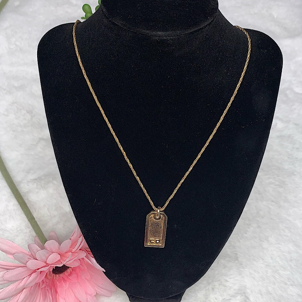 Gold Dior Logo Plate Pendant Necklace